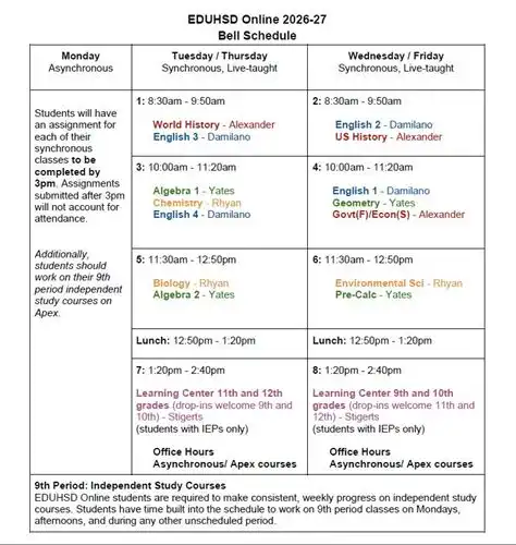 2026-2027 EDUHSD Online Bell Schedule