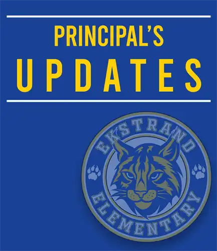 Blue tile with text in yellow "Principal's Updates" and with the school emblem on the background