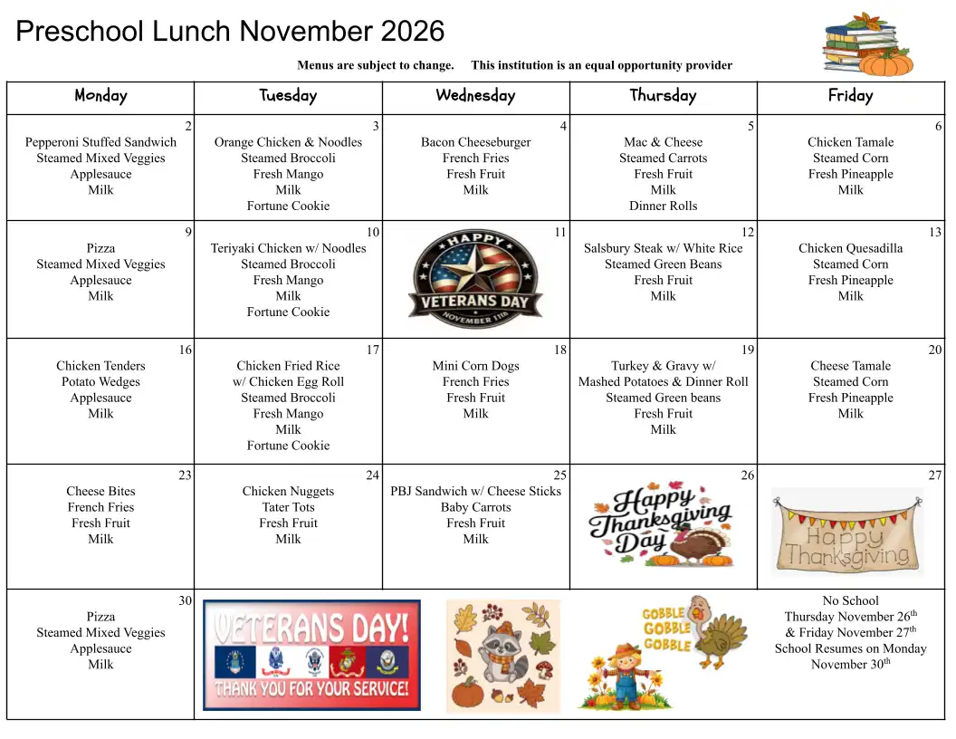 Preschool Lunch Menu November 2026