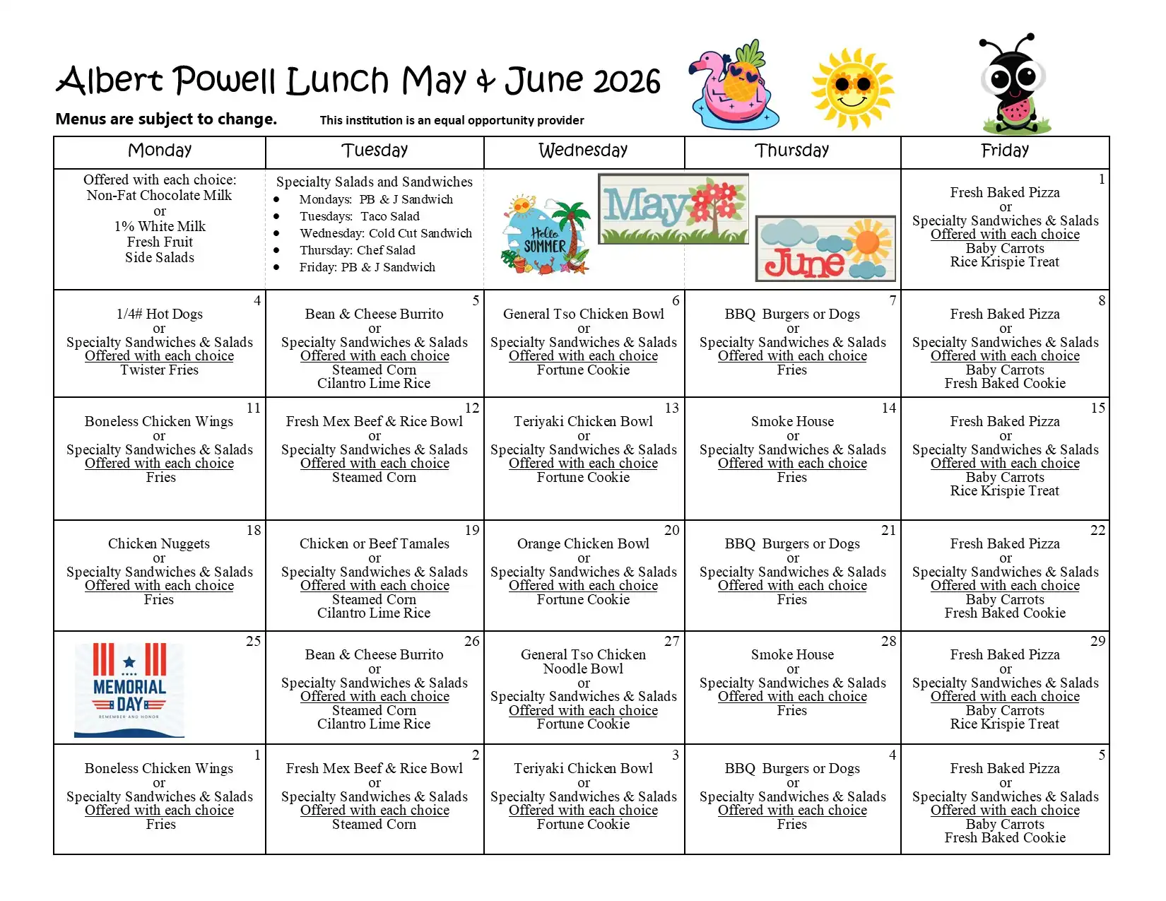 Albert Powell May-June 2026 Lunch Menu