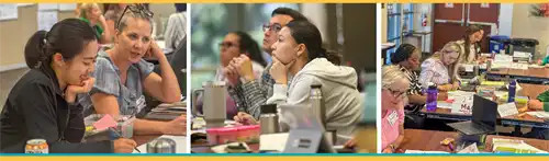 Three panels of photos of teachers learning at STEM Antibias trainings.