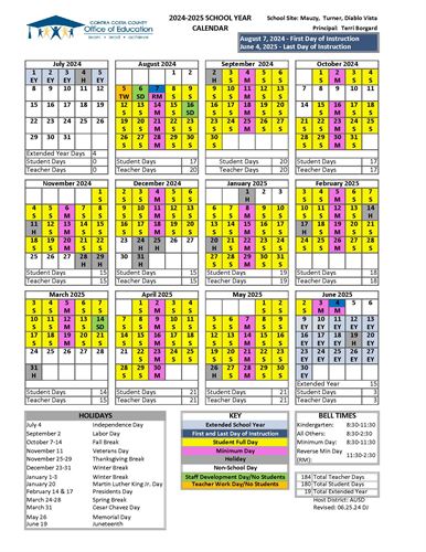 2024-2025 School Calendar for Mauzy, Turner, and Diablo Vista schools