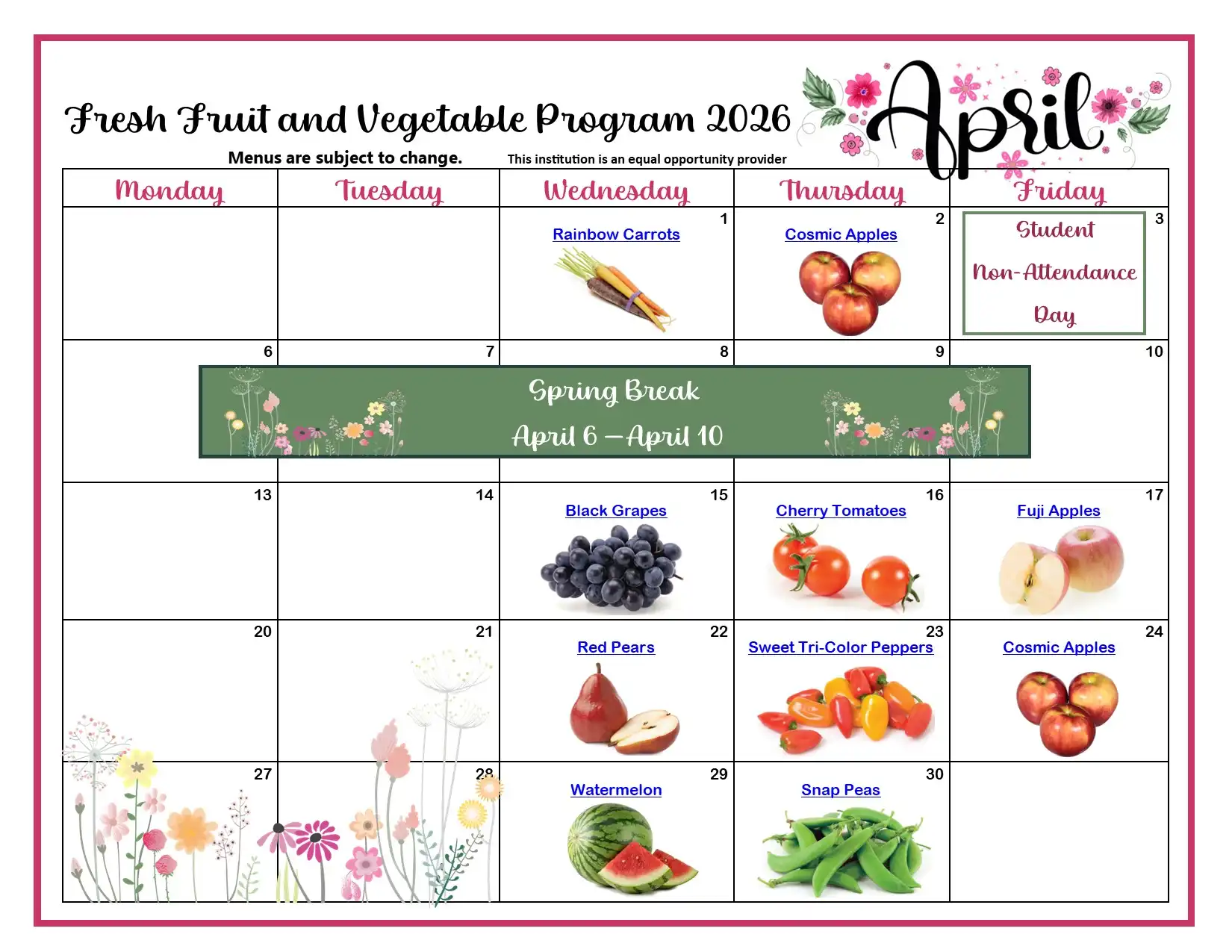 Fresh Fruit and Vegetable Program April 2026 Menu