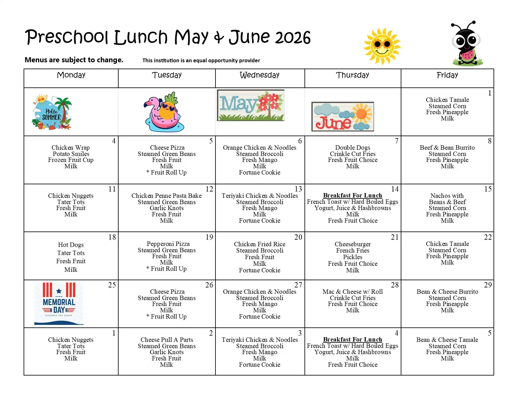 Preschool May-June 2026 Lunch Menu