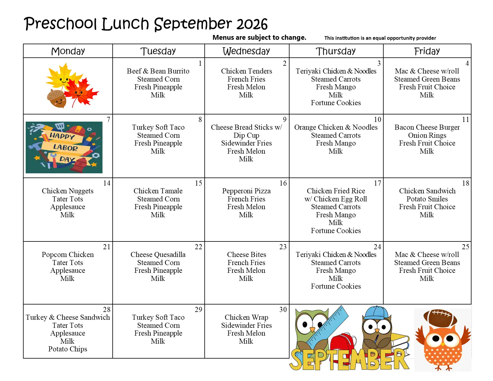 Preschool Lunch September 2026 Menu