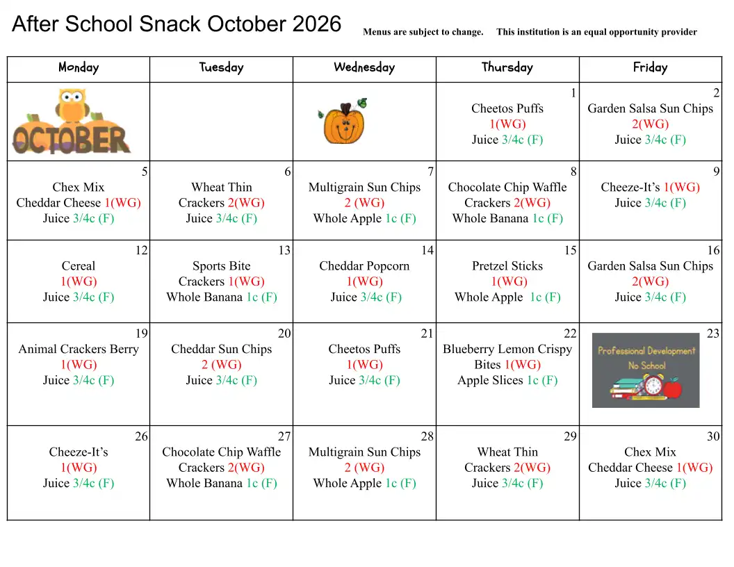 After School Snack October 2026 Menu