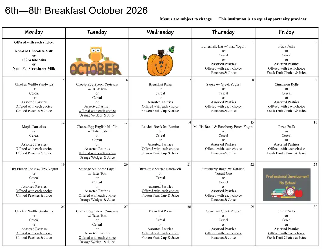 6-8 Breakfast Brunch October 2026 Menu