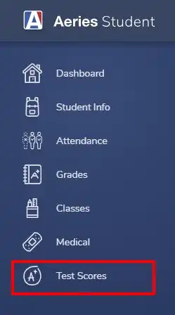 screenshot showing the location of Test Scores in Aeries Student Portal