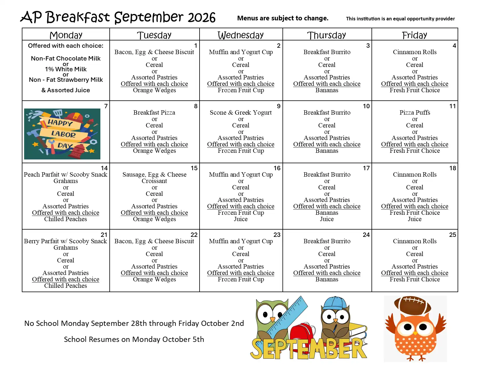 AP Breakfast September 2026 Menu