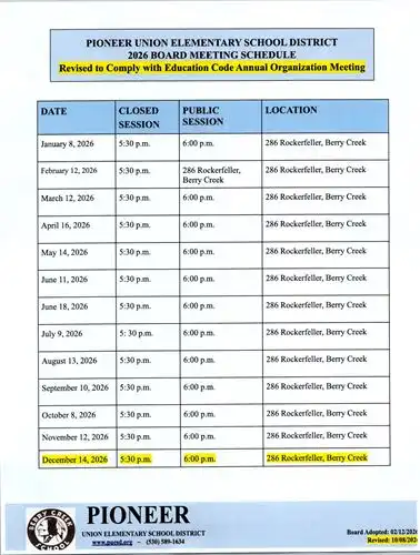 Listed dates of schedule board meetings for the 2026 school year.