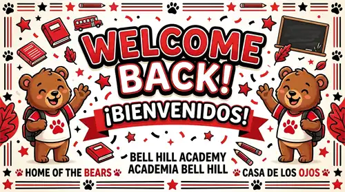 Welcome Back/Bienvenidos with two bears and school decorations