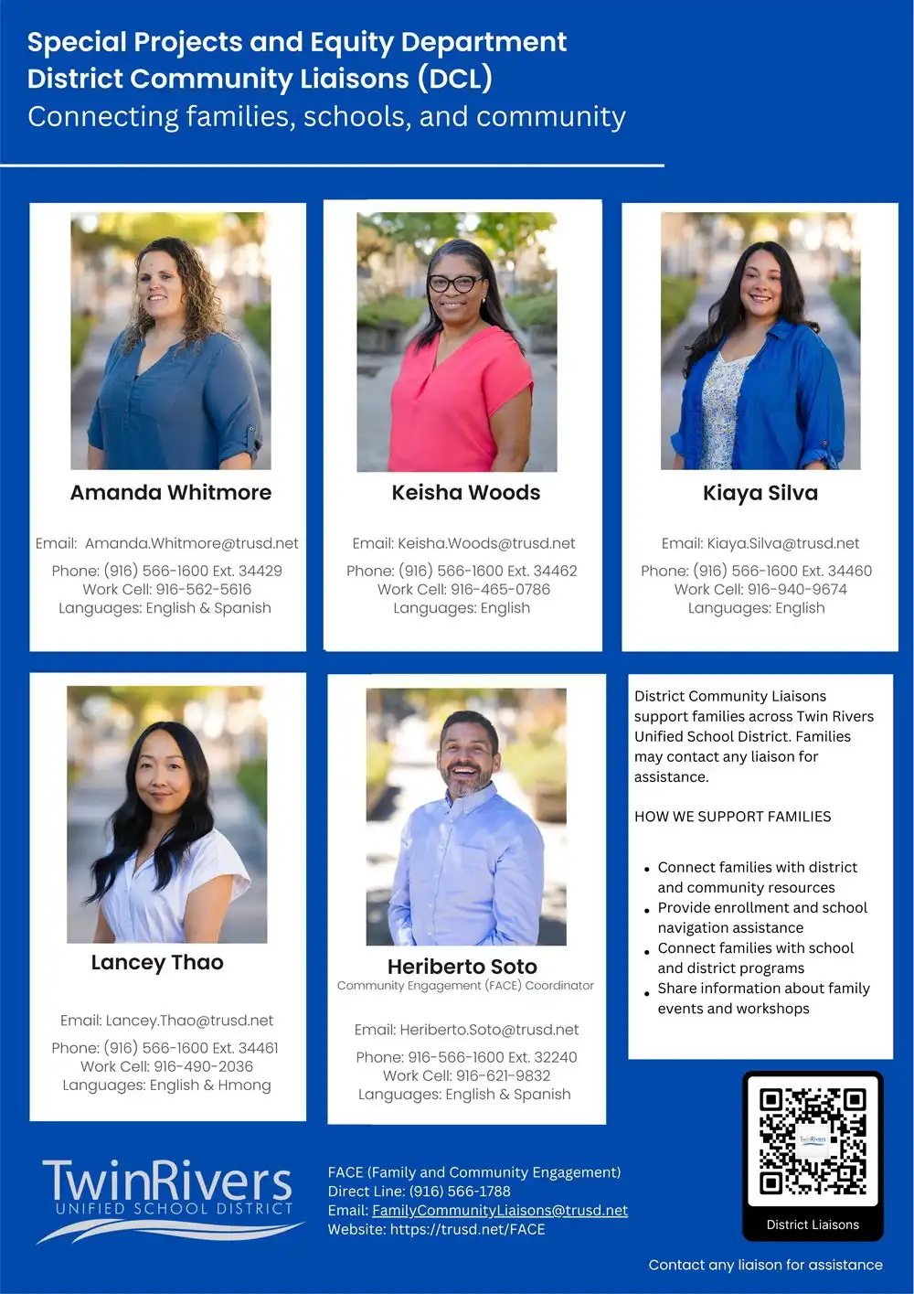 Informational flyer for Twin Rivers Unified School District’s District Community Liaisons. The flyer introduces staff who connect families, schools, and the community.