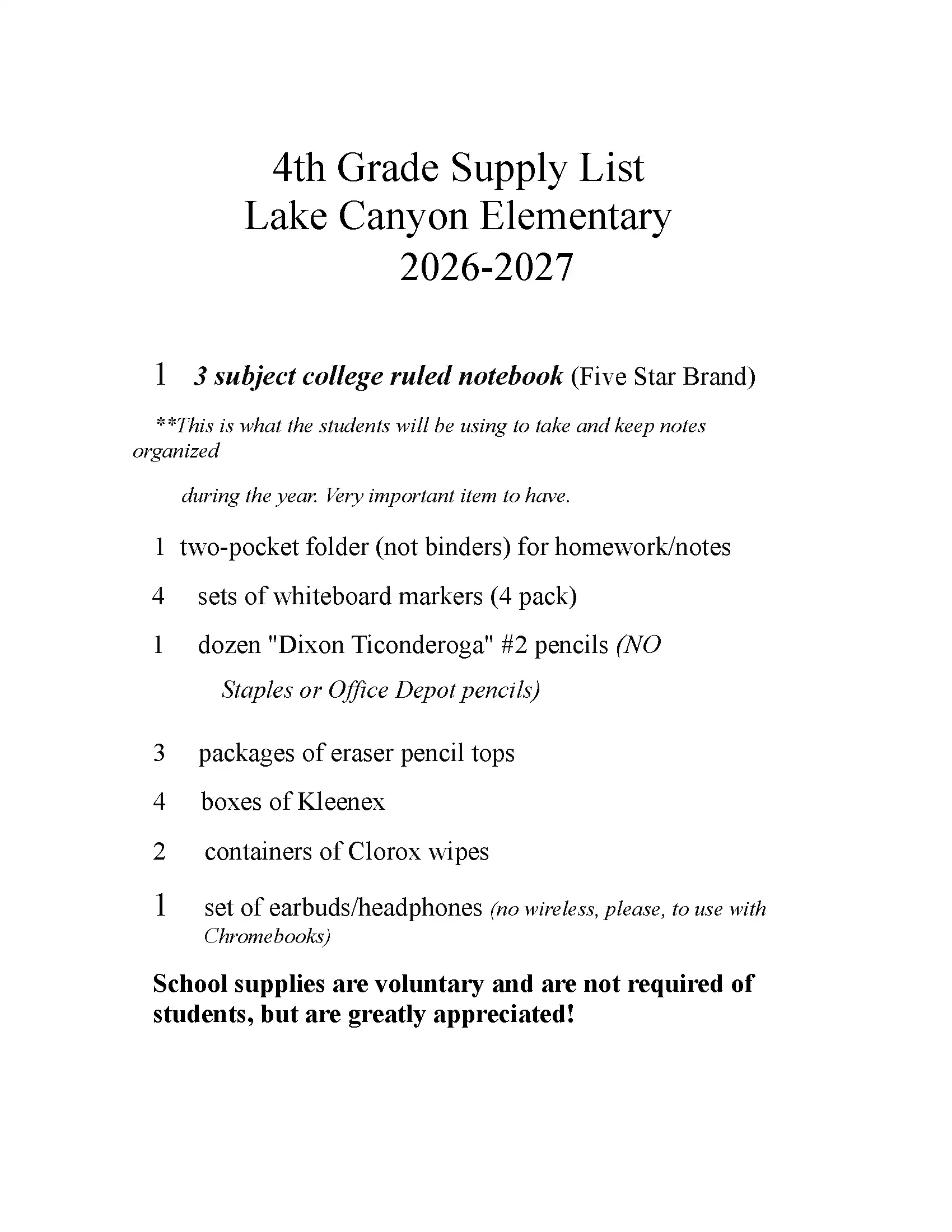 4th Grade list