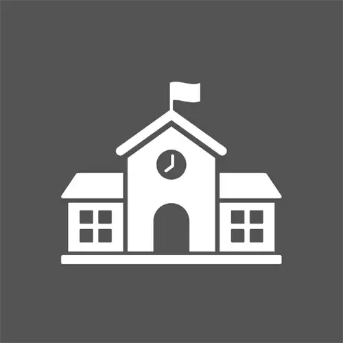 a school building against a green background