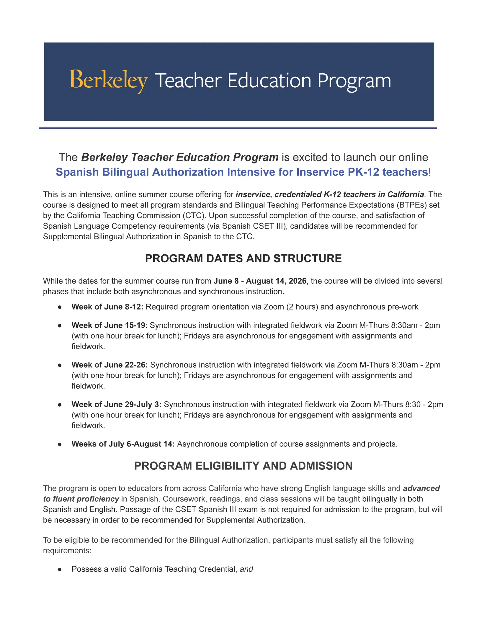 Flyer for Berkeley Teacher Education Program online Spanish Bilingual Authorization Intensive for Inservice PK-12 teacchers. This is an extensive online summer course that will run from June 8 to August 14, 2026. Application deadline April 15th. Apply today.