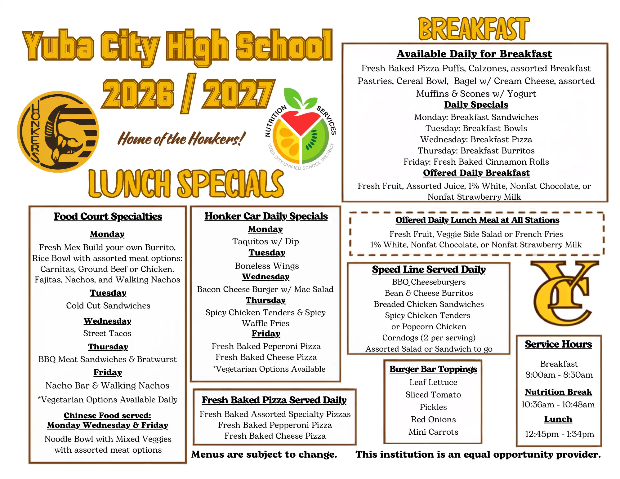 Yuba City High School 2026-2027 Menu