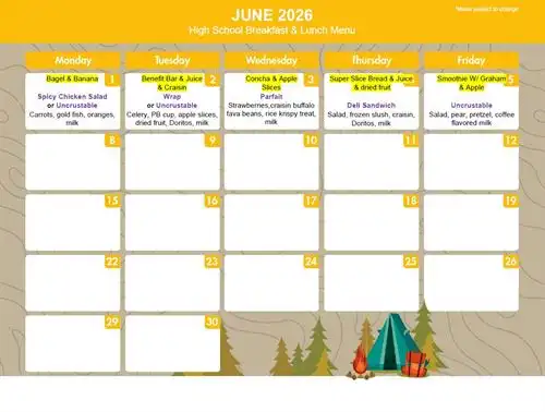 June High School Breakfast & Lunch Menu (regular session)