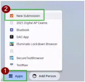 picture with instructions. Instructions read 1 select apps, 2 select new submission.