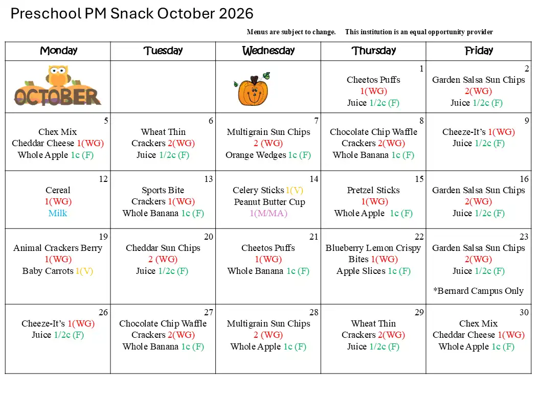 Preschool PM Snack October 2026 Menu
