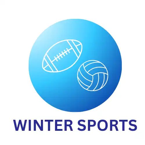 A light blue and dark blue ombre circle. Inside there's an outline of a football and volleyball.