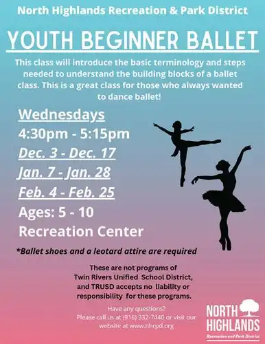 NHRPD Youth Beginner Ballet Opportunity. Call 916-332-7440 for more information.