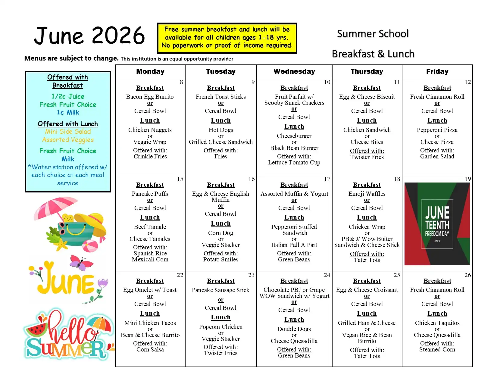 Breakfast & Lunch Summer 2026 June