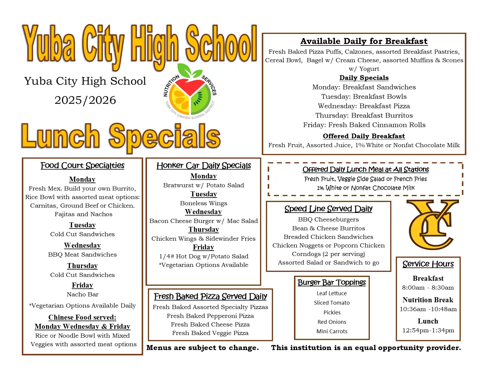 YCHS 2025-2026 Menu