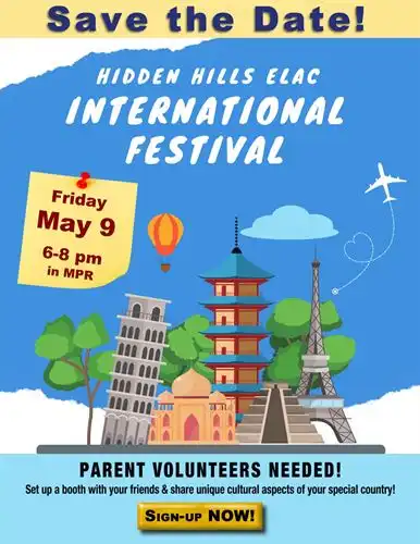 Save the Date: 5/9/25 ELAC International Festival flyer