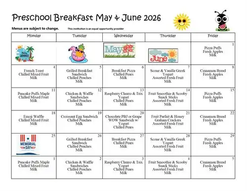 Preschool Breakfast May & June 2026