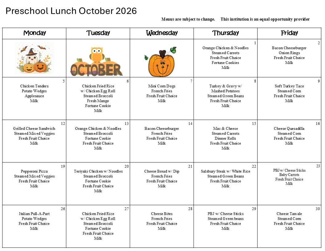 Preschool Lunch October 2026 Menu