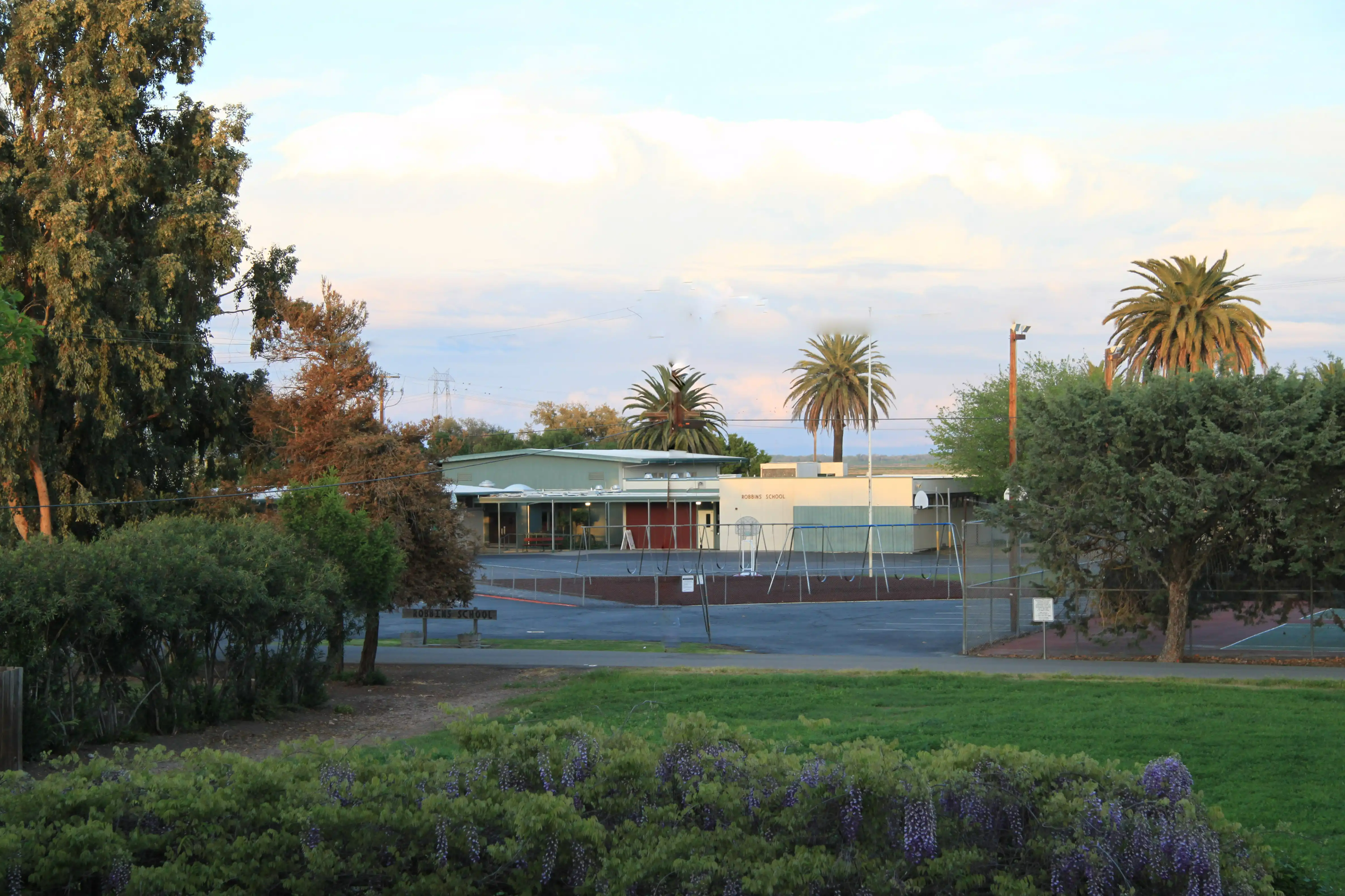 robbins school with sunset