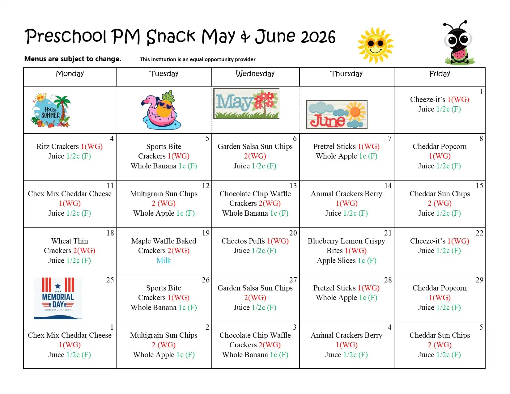 Preschool May-June 2026 Snack Menu