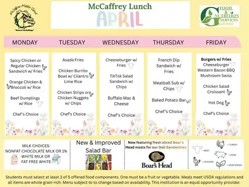 McCaffrey Middle Lunch Menu April 2026 