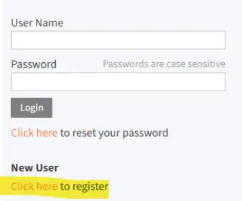 Login screen with a yellow highlight on the link "Click here to register" under the "New User" heading.