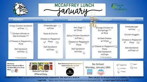 January McCaffrey Middle Lunch Menu 2026