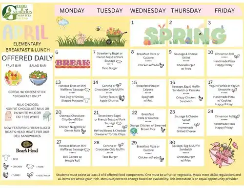 April Elementary Breakfast & Lunch Menu 2026