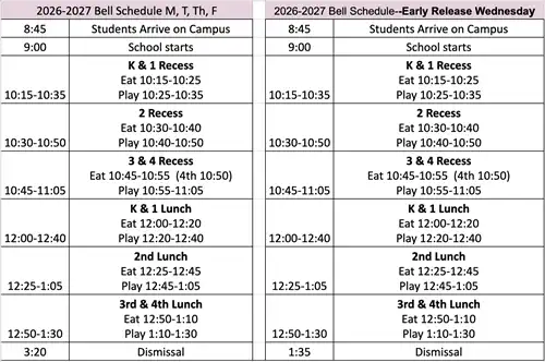 Pink banner with balck writing of 26-27 bell schedule