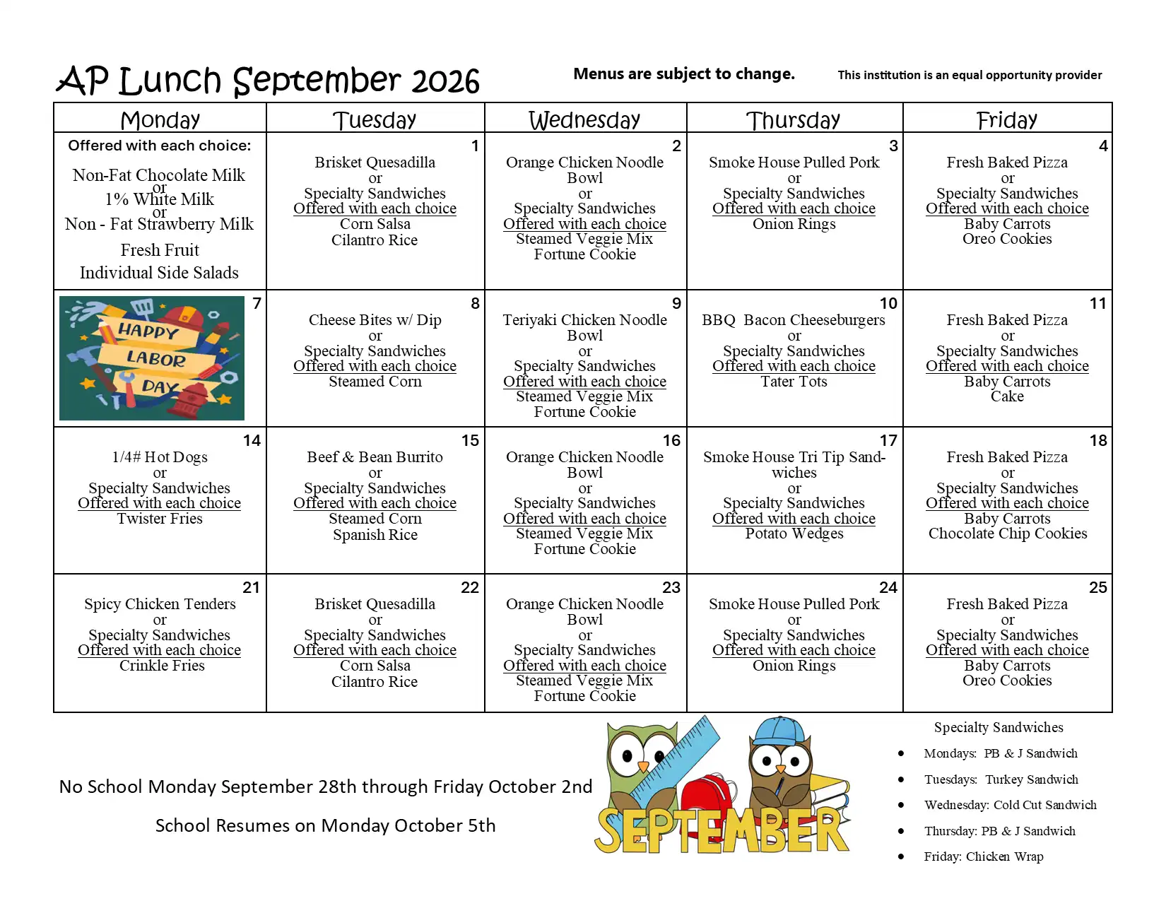AP Lunch September 2026 Menu