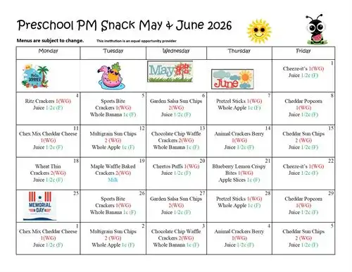 Preschool Snack May & June 2026