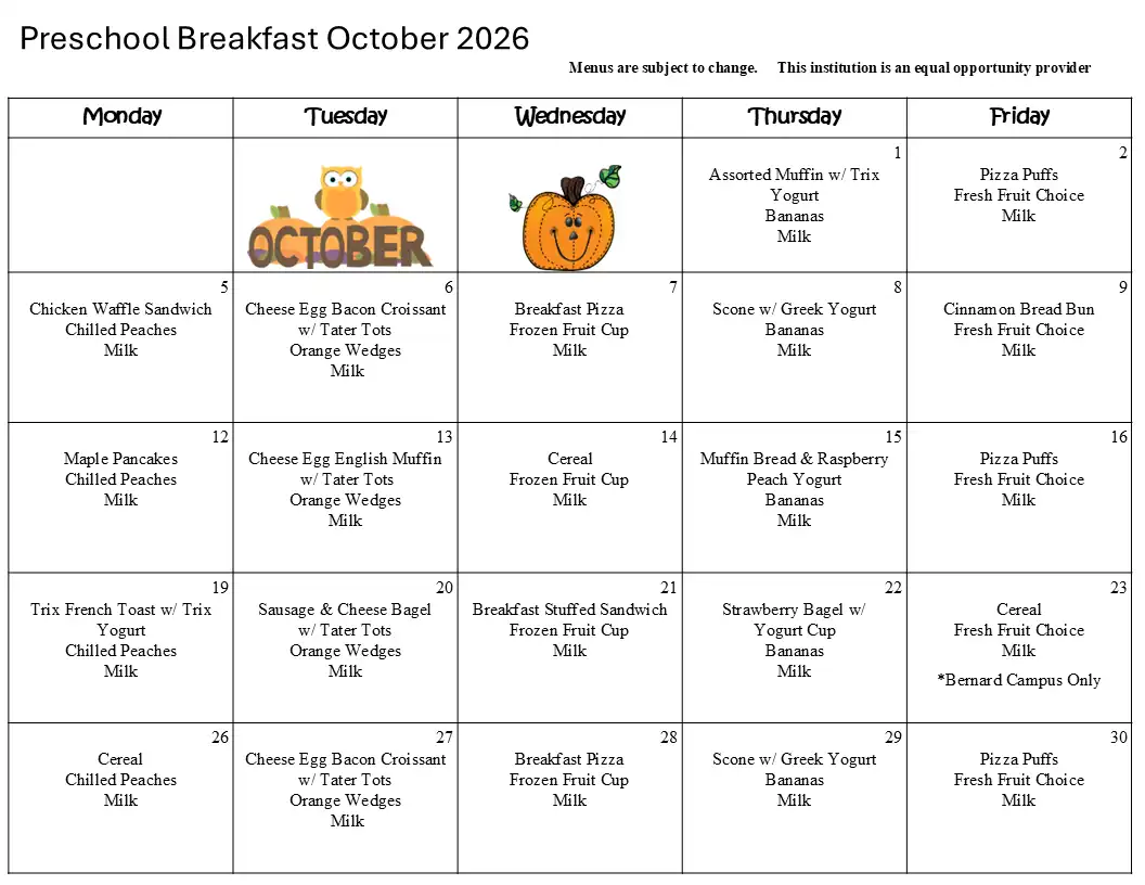 Preschool Breakfast October 2026 Menu