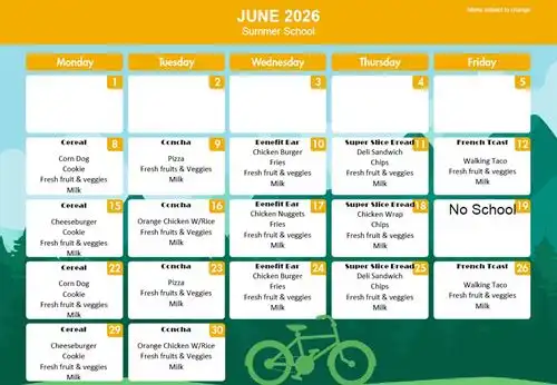 June session Congregate Breakfast & Lunch menu