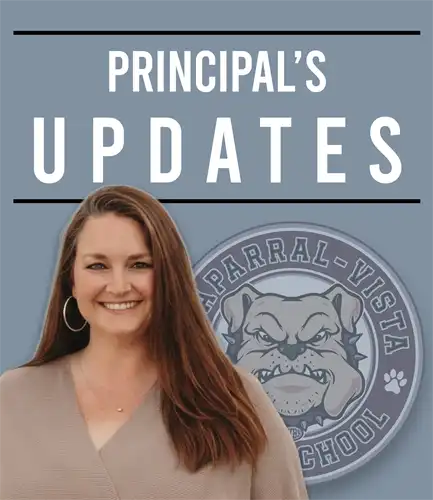 Gray  tile with text "Principal's Udpates" with a watermark of school on the right side and a profile image of a male principal on the left side