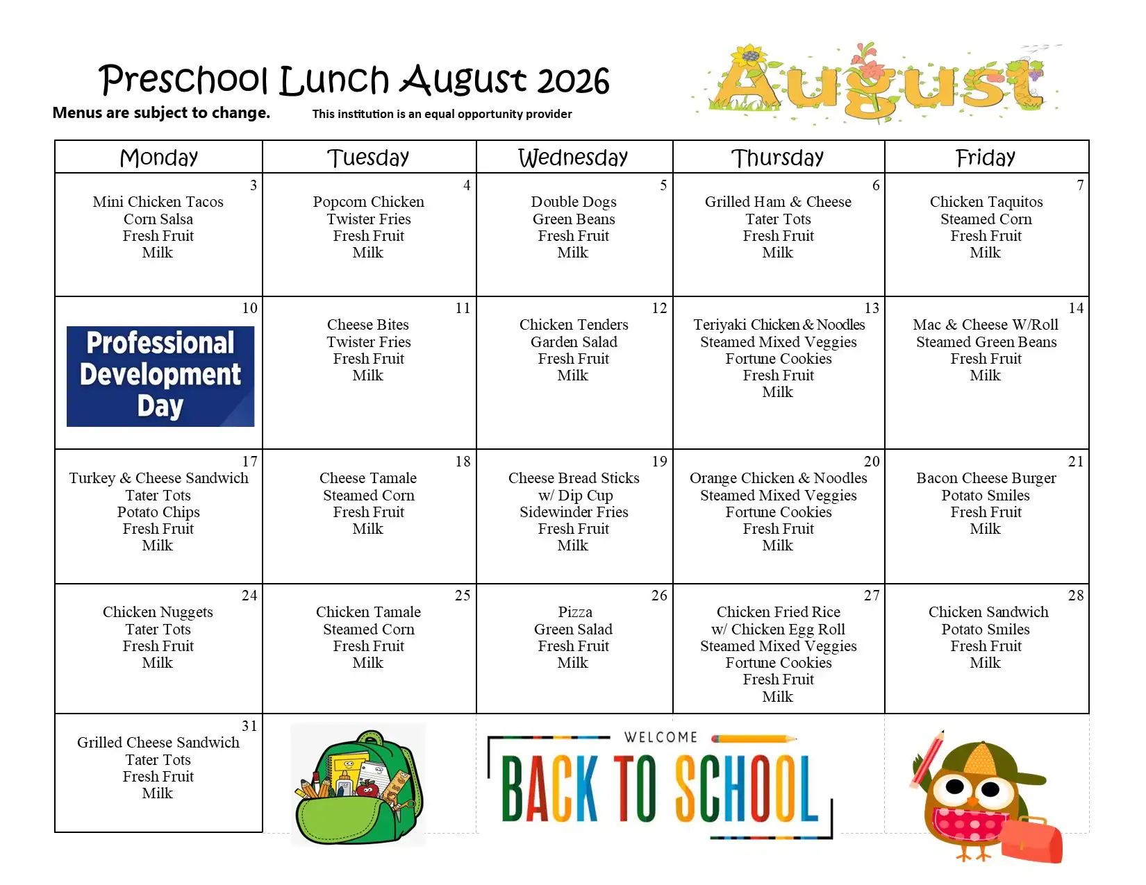 Preschool Lunch Menu August 2026