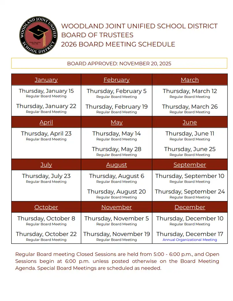 WJUSD board meeting schedule 2026 English