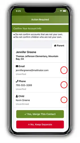The image shows a screenshot of a ParentSquare mobile app interface titled "Action Required" on an iOS device. The screen is a confirmation page for merging or verifying account information. The main content is contained within a white card labeled with a "Parent" tab and a home icon. To the right of the email, phone, and child sections, there are grey chevron arrows circled in red, indicating that these fields can be interacted with or expanded.